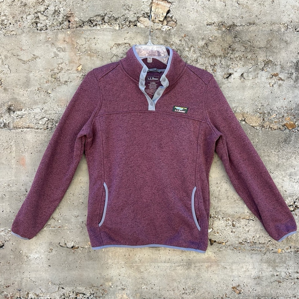 LL Bean Womens Sweater Small Pink Purple Fleece Pullover Snap Front